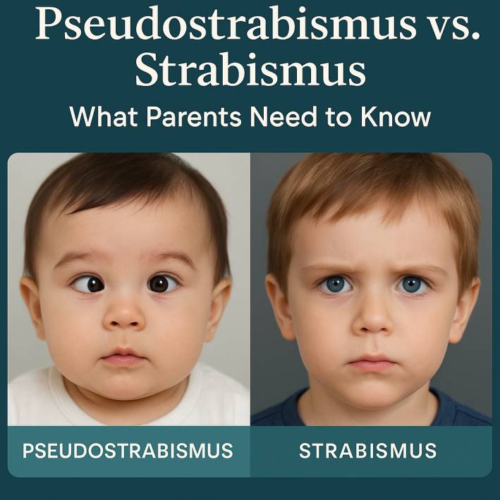 Side-by-side comparison of two young children, one showing signs of pseudostrabismus and the other with true strabismus, labeled for visual clarity.