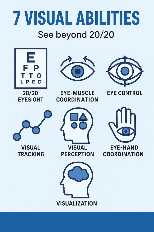 Infographic showing 7 visual abilities: 20/20 eyesight, eye-muscle coordination, eye control, visual tracking, visual perception, eye-hand coordination, and visualization.