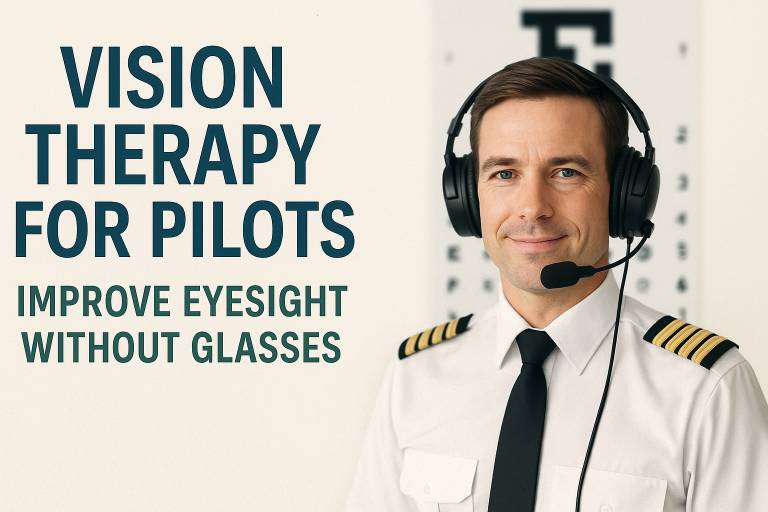 A smiling male pilot wearing a headset stands in front of a blurred eye chart, with bold text on the left reading 'Vision Therapy for Pilots – Improve Eyesight Without Glasses.
