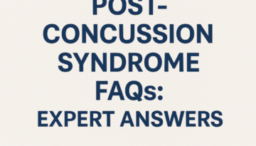 Bold title reading “POST-CONCUSSION SYNDROME FAQs: EXPERT ANSWERS” centered on a neutral beige background.