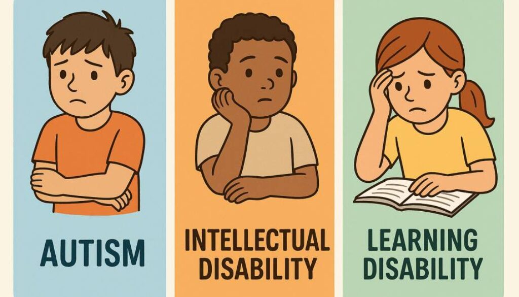Understanding Developmental Disorders in Children Three illustrated children depict Autism, Intellectual Disability, and Learning Disability in colorful panels.