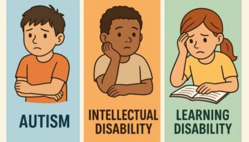 Three illustrated children depict Autism, Intellectual Disability, and Learning Disability in colorful panels.