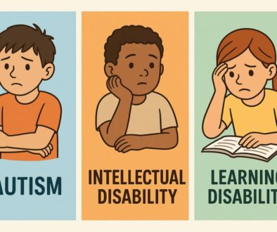 Three illustrated children depict Autism, Intellectual Disability, and Learning Disability in colorful panels.