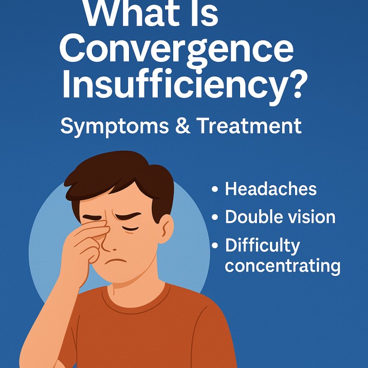 Educational graphic titled “What Is Convergence Insufficiency?” featuring a person rubbing his eyes and a list of common symptoms.