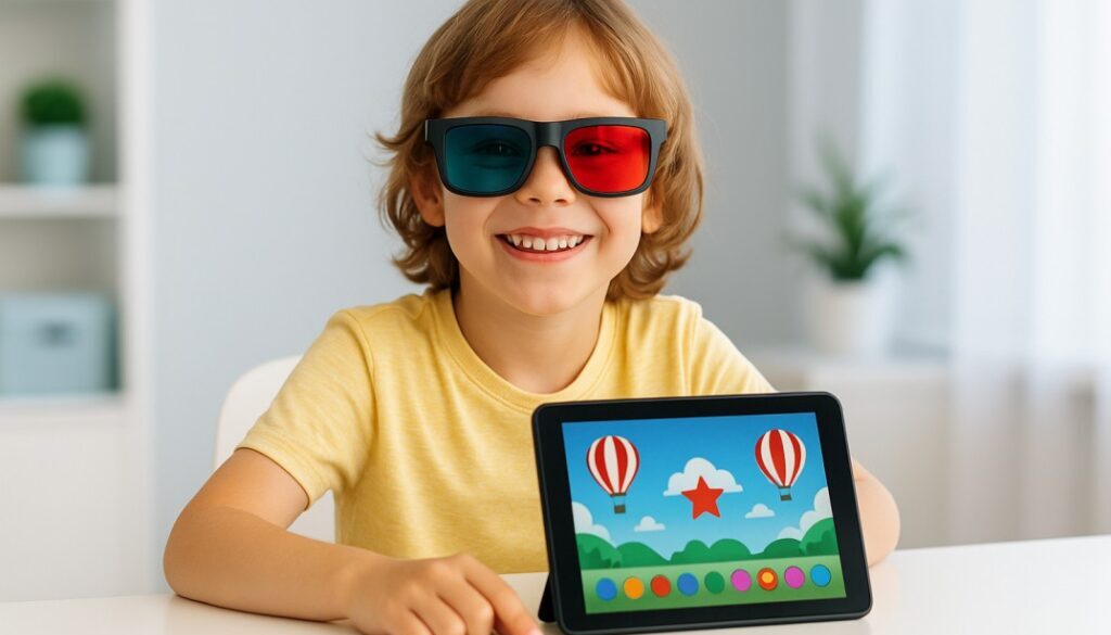 Child Enjoying Vision Therapy Game at Home A smiling 8-year-old child wearing red and blue 3D glasses sits at a white desk, engaged with a colorful vision therapy game on a tablet. The background shows a softly lit, modern home with a medical aesthetic.
