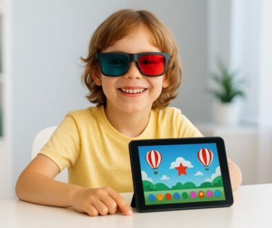 A smiling 8-year-old child wearing red and blue 3D glasses sits at a white desk, engaged with a colorful vision therapy game on a tablet. The background shows a softly lit, modern home with a medical aesthetic.