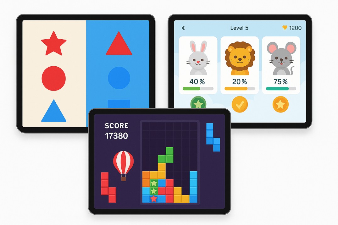 Three tablet screens display different vision therapy games: a red-blue shape-matching game, a progress tracker with cartoon animals, and a colorful Tetris-like puzzle, all on a clean white background. 