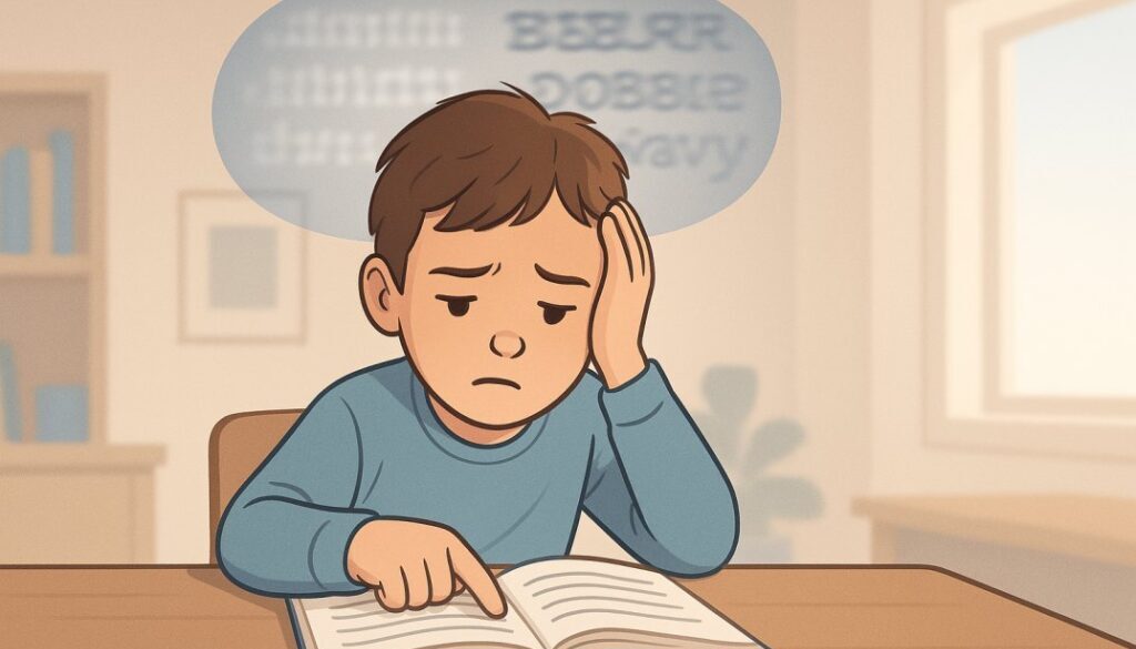A young boy sits at a desk in a softly lit classroom or home study environment, looking slightly frustrated as he holds his head with one hand and points to a book with the other. Above his head, a transparent overlay illustrates his vision problem, showing blurry, doubled, and wavy text—representing binocular vision dysfunction. The scene is colored in soft blues, warm grays, and gentle earth tones, conveying a hopeful and professional tone.