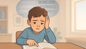 A young boy sits at a desk in a softly lit classroom or home study environment, looking slightly frustrated as he holds his head with one hand and points to a book with the other. Above his head, a transparent overlay illustrates his vision problem, showing blurry, doubled, and wavy text—representing binocular vision dysfunction. The scene is colored in soft blues, warm grays, and gentle earth tones, conveying a hopeful and professional tone.
