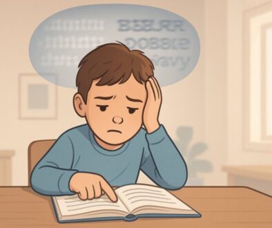 A young boy sits at a desk in a softly lit classroom or home study environment, looking slightly frustrated as he holds his head with one hand and points to a book with the other. Above his head, a transparent overlay illustrates his vision problem, showing blurry, doubled, and wavy text—representing binocular vision dysfunction. The scene is colored in soft blues, warm grays, and gentle earth tones, conveying a hopeful and professional tone.