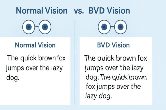 A side-by-side educational illustration comparing "Normal Vision" and "BVD Vision" while reading. On the left, text appears clear and aligned: “The quick brown fox jumps over the lazy dog.” Above it, a diagram of well-aligned eyes. On the right, the same text is doubled, misaligned, and wavy, simulating binocular vision dysfunction (BVD). Above it, a diagram shows slightly misaligned eyes. The background is light blue with clean white panels and blue text labels.