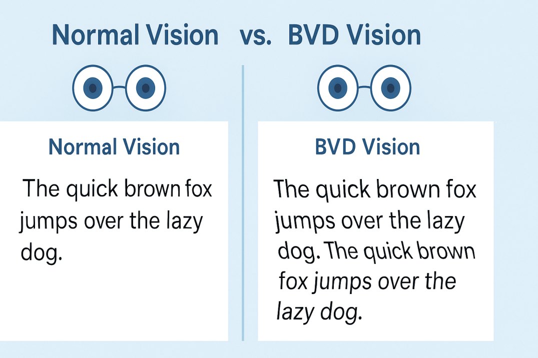 A side-by-side educational illustration comparing "Normal Vision" and "BVD Vision" while reading. On the left, text appears clear and aligned: “The quick brown fox jumps over the lazy dog.” Above it, a diagram of well-aligned eyes. On the right, the same text is doubled, misaligned, and wavy, simulating binocular vision dysfunction (BVD). Above it, a diagram shows slightly misaligned eyes. The background is light blue with clean white panels and blue text labels.