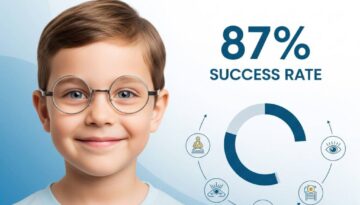 Non-surgical strabismus treatment success - happy child with properly aligned eyes next to 87% success rate graphic showing vision therapy effectiveness compared to surgery