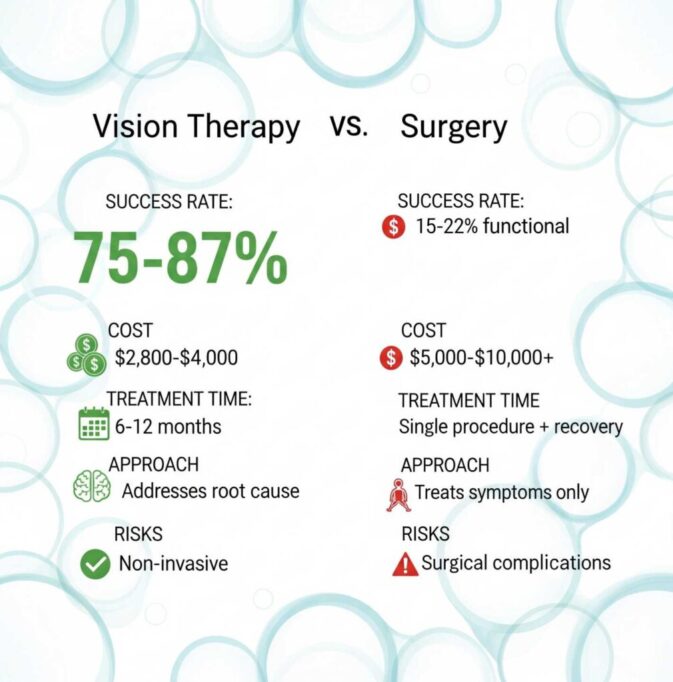 A two-column infographic comparing Vision Therapy and Surgery for eye conditions. The left 'Vision Therapy' column, in green, shows 75-87% success rate, $2,800-$4,000 cost, 6-12 months treatment time, addresses root cause, and is non-invasive. The right 'Surgery' column, in red, shows 15-22% functional success, $5,000-$10,000+ cost, single procedure + recovery time, treats symptoms only, and has surgical complications as risks.