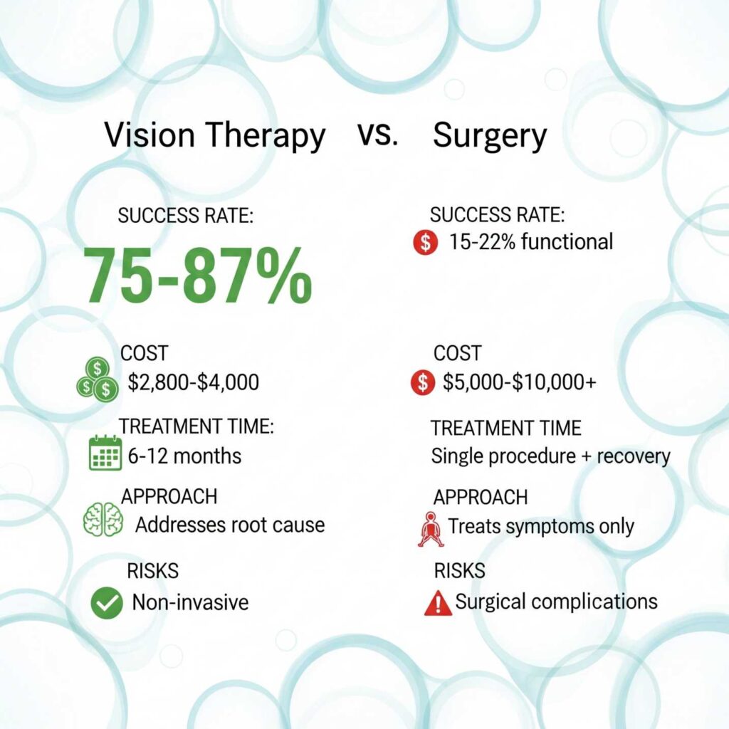 A two-column infographic comparing Vision Therapy and Surgery for eye conditions. The left 'Vision Therapy' column, in green, shows 75-87% success rate, $2,800-$4,000 cost, 6-12 months treatment time, addresses root cause, and is non-invasive. The right 'Surgery' column, in red, shows 15-22% functional success, $5,000-$10,000+ cost, single procedure + recovery time, treats symptoms only, and has surgical complications as risks.