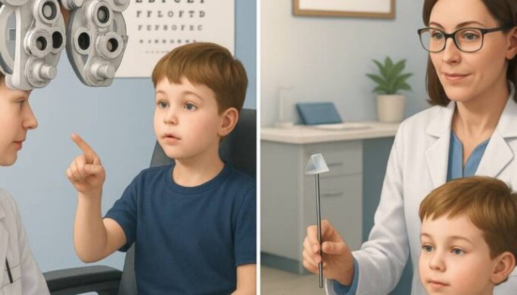 Split comparison showing traditional eye exam with eye chart on left versus vision therapy session with specialized exercises on right, illustrating the difference between regular eye exams and vision therapy