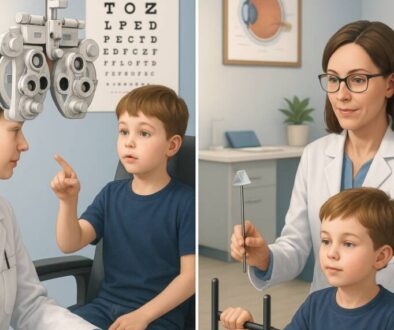 Split comparison showing traditional eye exam with eye chart on left versus vision therapy session with specialized exercises on right, illustrating the difference between regular eye exams and vision therapy