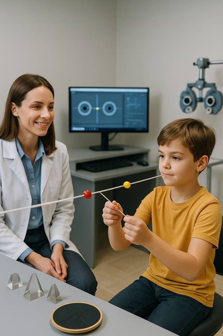 Child participating in vision therapy session using Brock string exercise with vision therapist in professional clinical setting with specialized equipment