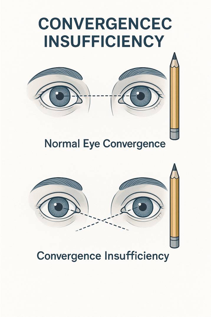 Medical diagram comparing normal eye convergence versus convergence insufficiency, showing how eyes fail to work together when focusing on near objects
