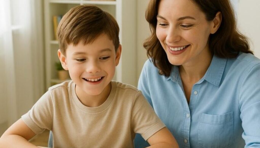 Parent helping child prepare for vision therapy at home with exercise materials and eye charts on desk