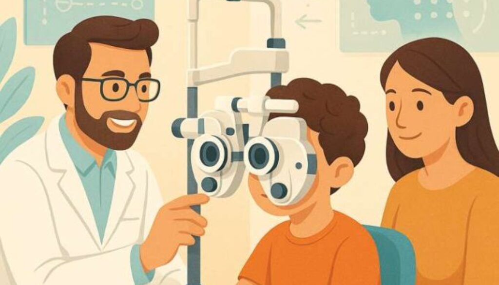 Child with autism receiving comprehensive eye examination from specialist doctor in sensory-friendly pediatric vision clinic, with parent present, representing autism spectrum vision care and assessment