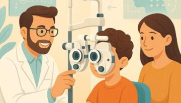 Child with autism receiving comprehensive eye examination from specialist doctor in sensory-friendly pediatric vision clinic, with parent present, representing autism spectrum vision care and assessment
