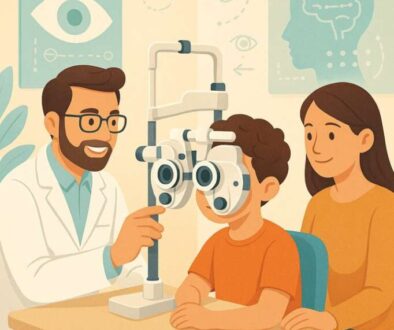 Child with autism receiving comprehensive eye examination from specialist doctor in sensory-friendly pediatric vision clinic, with parent present, representing autism spectrum vision care and assessment