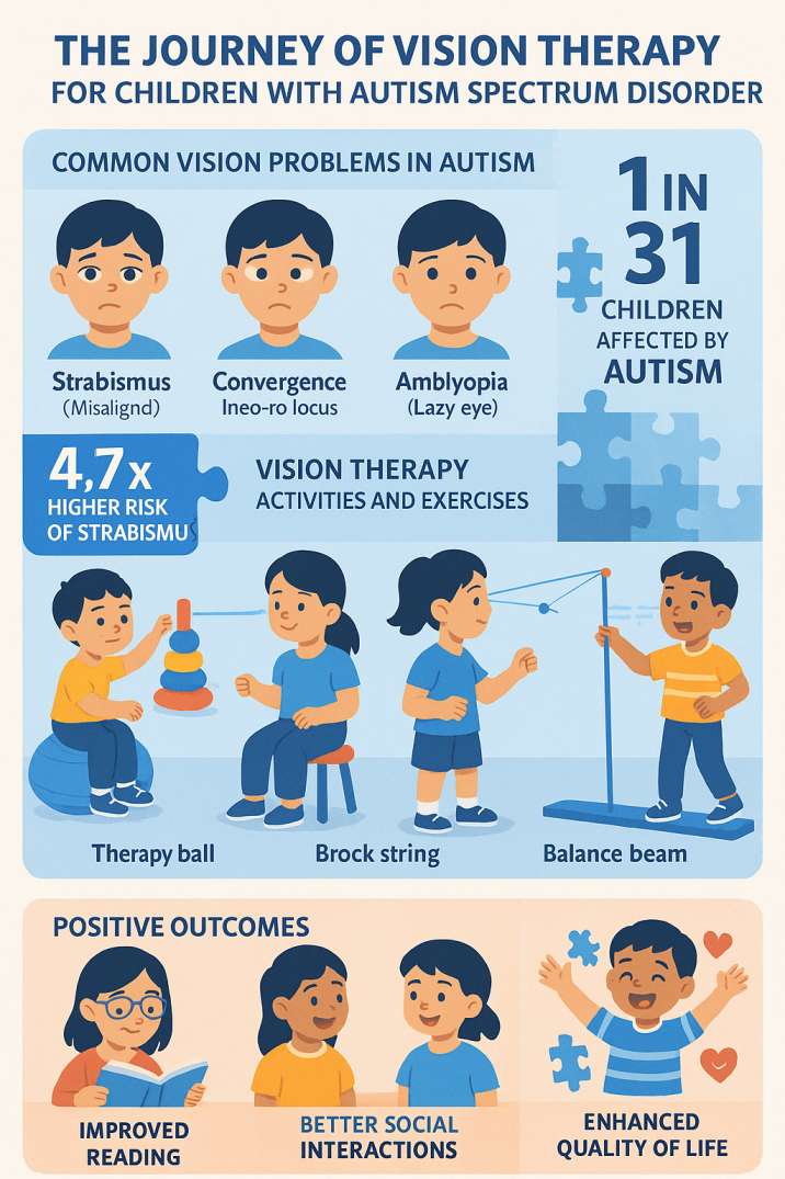 Comprehensive infographic illustrating vision problems in autism spectrum disorder, vision therapy treatments, and positive outcomes including statistics and treatment success rates