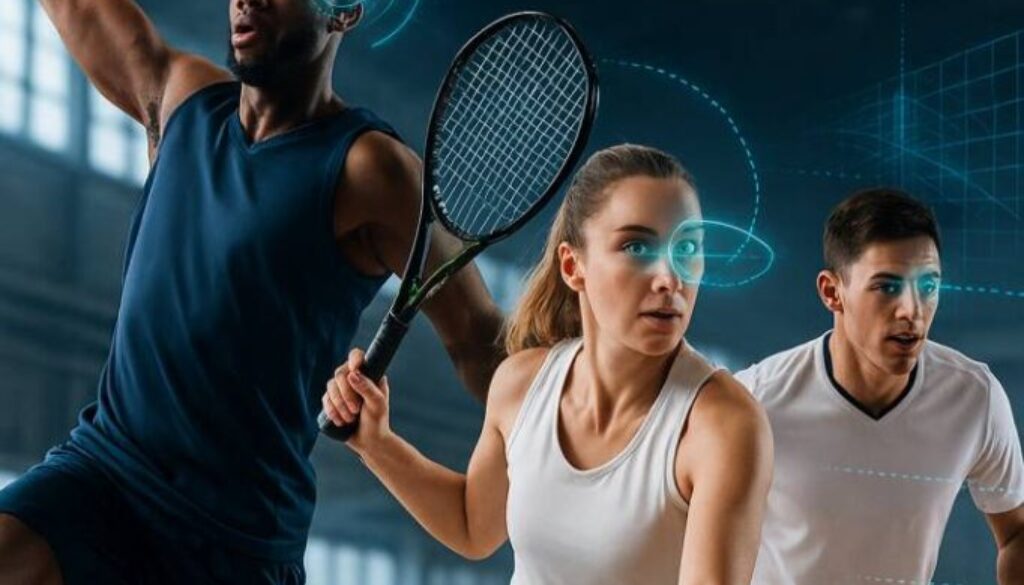 Professional athletes demonstrating enhanced sports vision training with digital overlay showing depth perception, trajectory tracking, and 3D vision therapy benefits for improved athletic performance