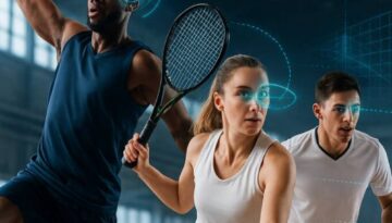 Professional athletes demonstrating enhanced sports vision training with digital overlay showing depth perception, trajectory tracking, and 3D vision therapy benefits for improved athletic performance