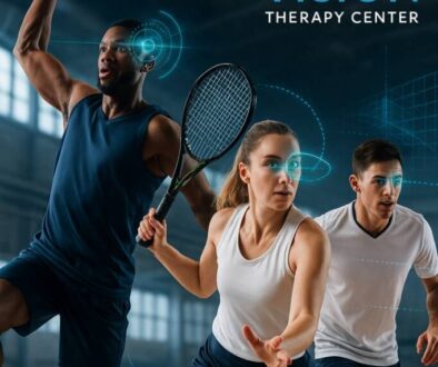 Professional athletes demonstrating enhanced sports vision training with digital overlay showing depth perception, trajectory tracking, and 3D vision therapy benefits for improved athletic performance