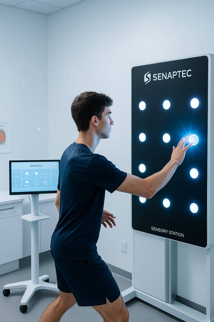 Young athlete training with Senaptec Sensory Station sports vision equipment to improve hand-eye coordination, reaction time, and 3D vision therapy skills for athletic performance enhancement
