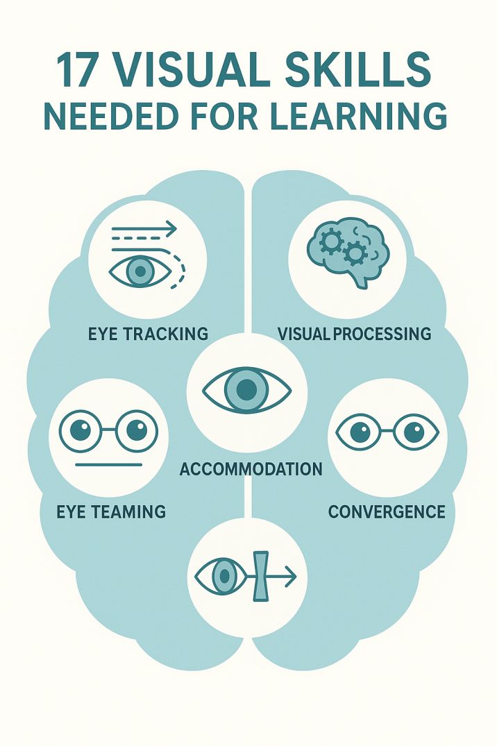 Comprehensive diagram showing the 17 visual skills critical for learning success, including eye tracking, teaming, processing, accommodation, and convergence abilities tested in vision therapy