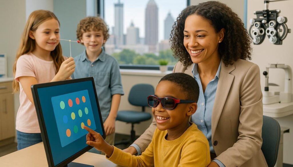 Children receiving vision therapy treatment in modern Atlanta clinic with optometrist guidance, showing specialized exercises and equipment for improving reading and learning skills