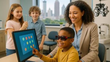 Children receiving vision therapy treatment in modern Atlanta clinic with optometrist guidance, showing specialized exercises and equipment for improving reading and learning skills