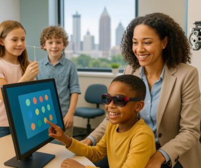 Children receiving vision therapy treatment in modern Atlanta clinic with optometrist guidance, showing specialized exercises and equipment for improving reading and learning skills