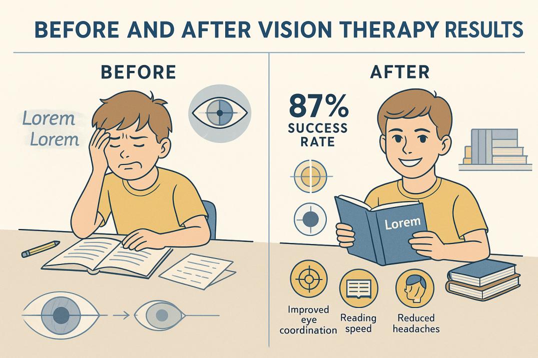 Before and after vision therapy results infographic showing 87% success rate, child's improvement from reading struggles to confident learning with clear vision
