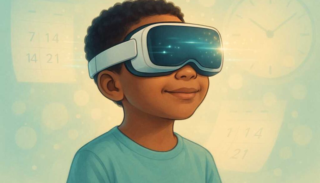 Child wearing VR vision therapy headset with timeline elements in background, representing modern lazy eye treatment progress