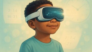 Child wearing VR vision therapy headset with timeline elements in background, representing modern lazy eye treatment progress