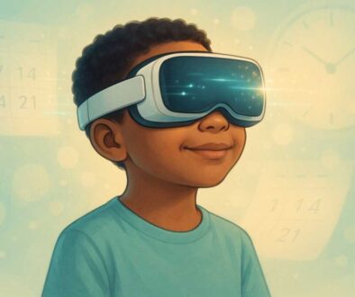 Child wearing VR vision therapy headset with timeline elements in background, representing modern lazy eye treatment progress