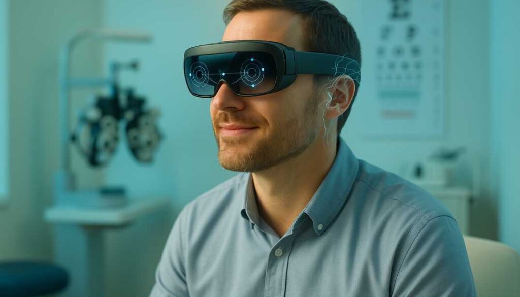 Adult patient wearing advanced vision therapy equipment during lazy eye treatment session in modern clinic