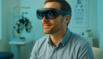 Adult patient wearing advanced vision therapy equipment during lazy eye treatment session in modern clinic