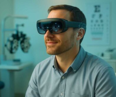 Adult patient wearing advanced vision therapy equipment during lazy eye treatment session in modern clinic
