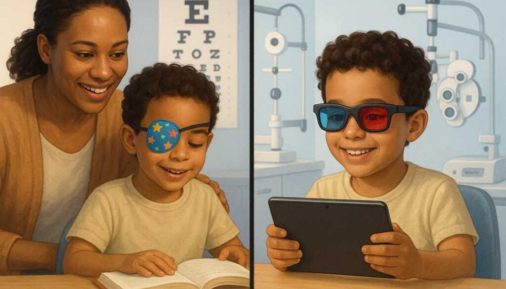 Comparison of amblyopia treatments showing child with eye patch reading versus child playing vision therapy games on tablet with special glasses