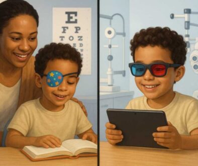 Comparison of amblyopia treatments showing child with eye patch reading versus child playing vision therapy games on tablet with special glasses