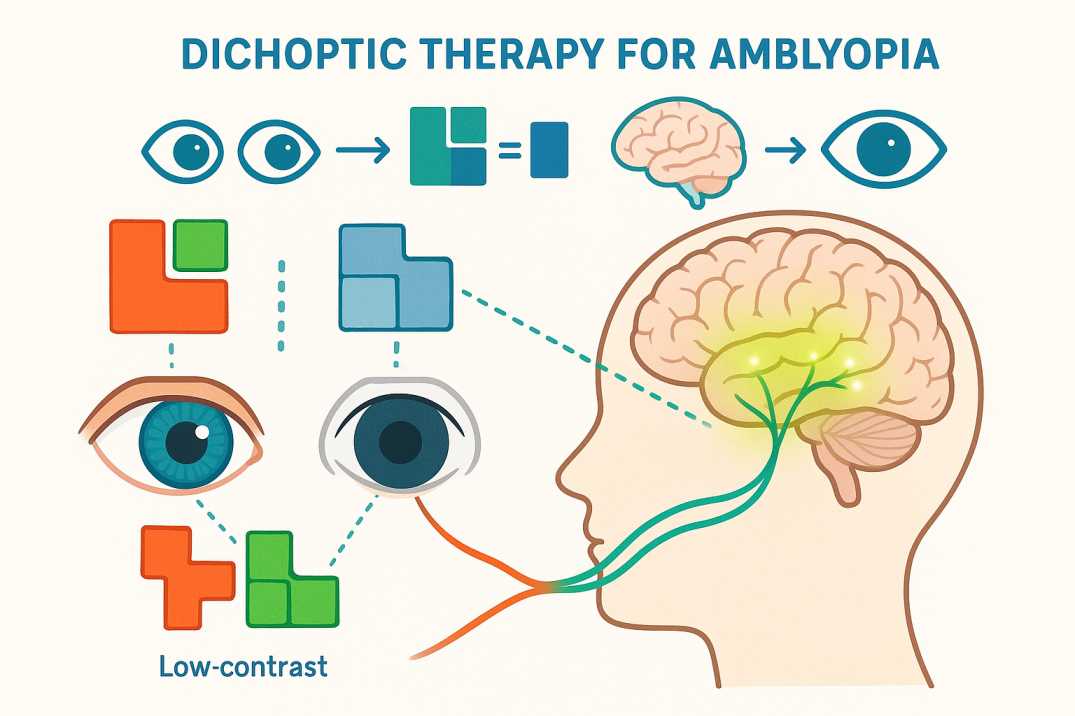 Scientific diagram showing how dichoptic vision therapy games work by presenting different contrast images to each eye to treat amblyopia