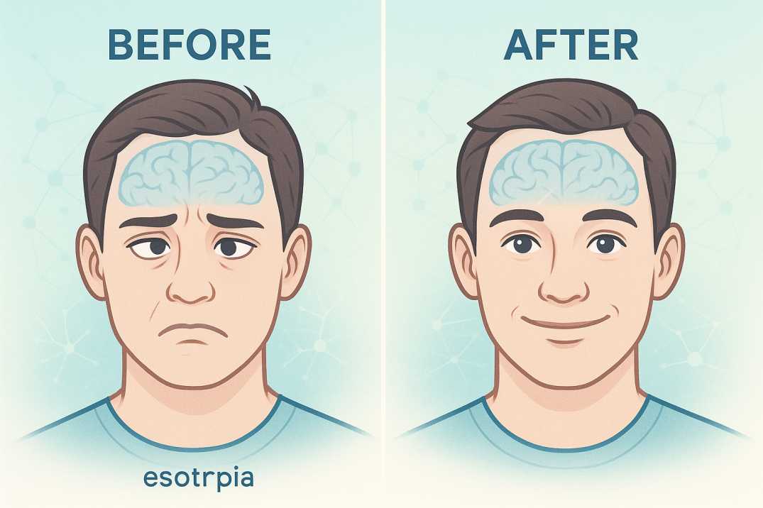 Before and after comparison showing crossed eyes correction through non-surgical vision therapy treatment