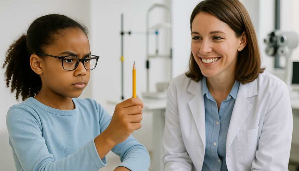 Vision Therapy Exercises for Strabismus - Professional Treatment Session Child performing pencil push-up vision therapy exercises with professional therapist for crossed eyes treatment