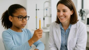 Child performing pencil push-up vision therapy exercises with professional therapist for crossed eyes treatment