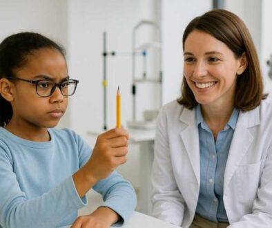 Child performing pencil push-up vision therapy exercises with professional therapist for crossed eyes treatment
